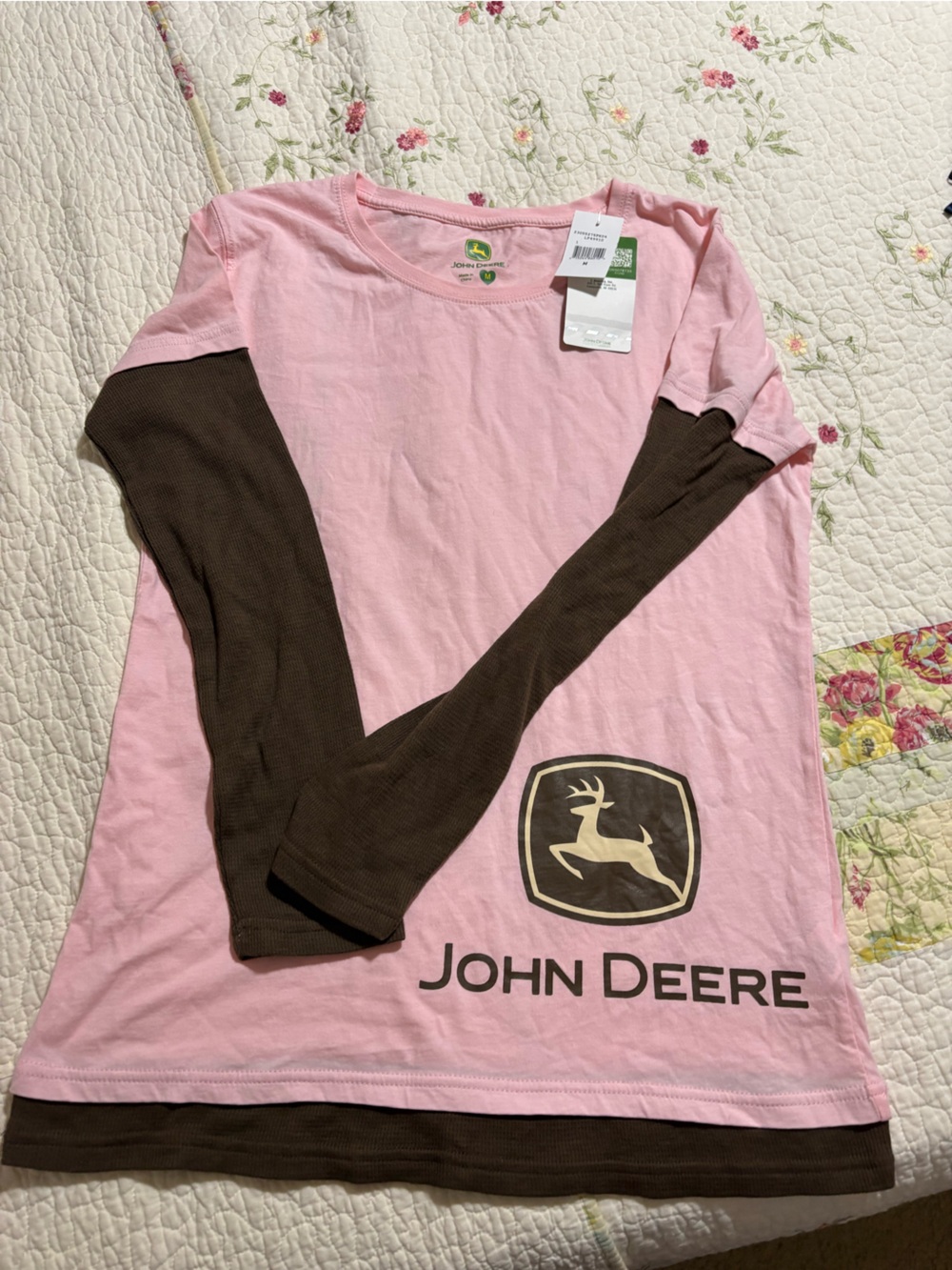 John Deere Pink and Brown Layered-Look Long Sleeve Tee